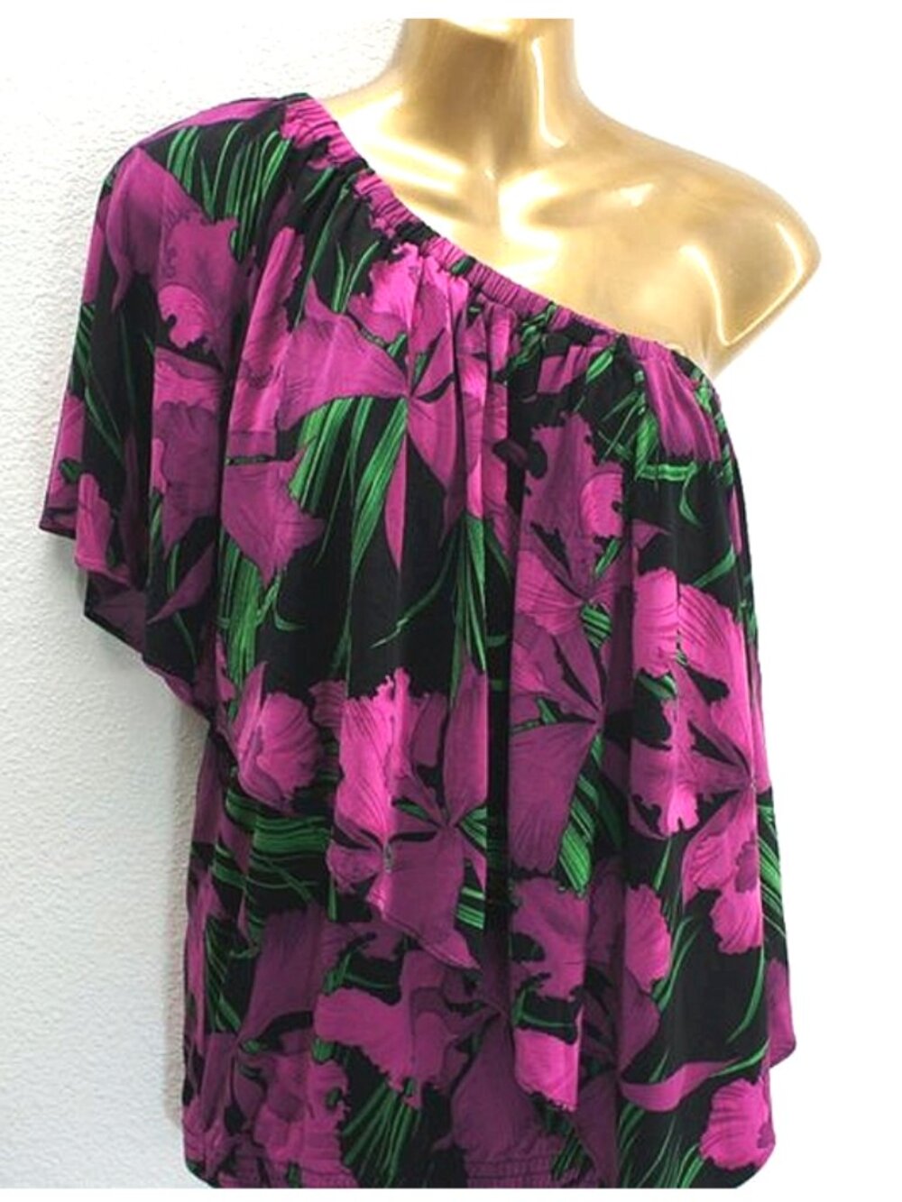 Michael Kors Black Fuchsia Floral One Shoulder Ruffle Blouse size S
